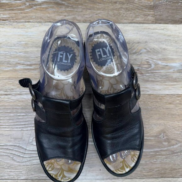 Fly London Black Leather Wedge Slide Sandals Women's Size EU 36 - Picture 2 of 7